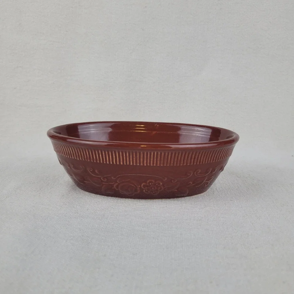Vintage TST Taylor Smith Taylor Brown Oven Serve Ware Oval Bowl Floral Embossed